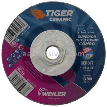 Weiler 58316 4-1/2 x 1/8 TIGER CERAMIC Type 27 Cut/Grind Combo Wheel CER30T 5/8-11 Nut
