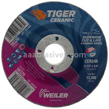 Weiler 58325 4-1/2" x 1/4" TIGER CERAMIC Type 27 Grinding Wheel CER24R 7/8 AH
