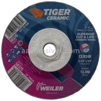 Weiler 58326 4-1/2" x 1/4" TIGER CERAMIC Type 27 Grinding Wheel CER24R 5/8-11 Nut