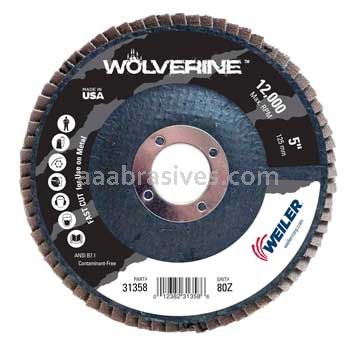 Weiler 31358 5" Wolverine Abrasive Flap Disc Conical Type 29 Phenolic Backing 80 Z 7/8" Arbor Hole