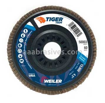 Weiler 50003 4-1/2" Tiger Trim Abrasive Flap Disc Angled Type 29 Trimmable Backing 60 Z 7/8" Arbor Hole