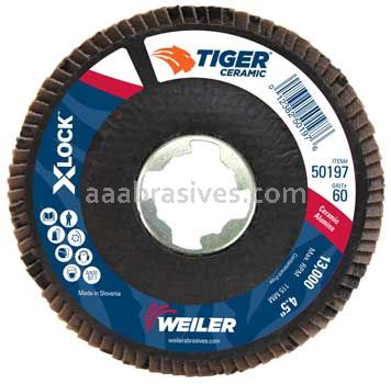 Weiler 50197 4-1/2" Tiger Ceramic Abrasive Flap Disc Angled Phenolic Backing 60C X-LOCK Arbor Hole
