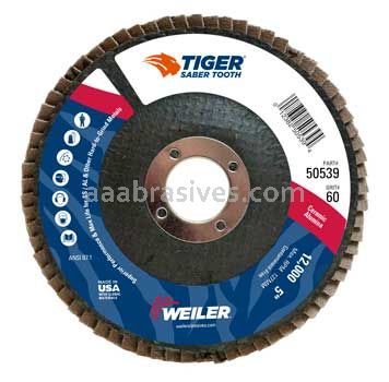 Weiler 50539 5" Tiger Ceramic Abrasive Flap Disc Conical Phenolic Backing 60C 7/8" AH