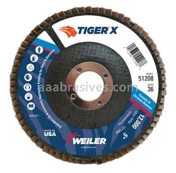 Weiler 51208 5" Tiger X Flap Disc Conical Type 29 Phenolic Backing 36 Z 7/8" Arbor Hole