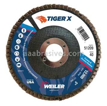 Weiler 51209 5" Tiger X Flap Disc Conical Type 29 Phenolic Backing 40 Z 7/8" Arbor Hole