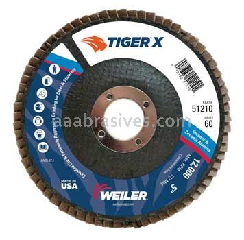 Weiler 51210 5" Tiger X Flap Disc Conical Type 29 Phenolic Backing 60 Z 7/8" Arbor Hole