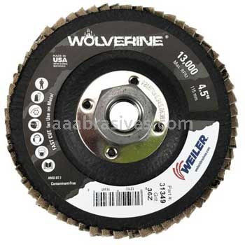 Weiler 31349 - 4-1/2" 36Z 5/8"-11 A.H. Wolverine Abrasive Flap Disc Angled Phenolic Backing - 012382313494