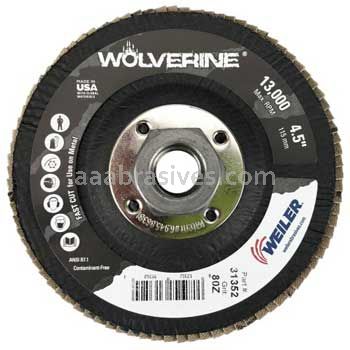 Weiler 31352 - 4-1/2" 80Z 5/8"-11 A.H. Wolverine Abrasive Flap Disc Angled Phenolic Backing - 012382313524
