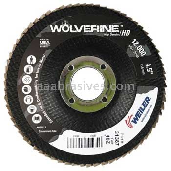 Weiler 31387 - 4-1/2" 40Z 7/8" A.H. Wolverine HD Abrasive Flap Disc Flat Phenolic Backing - 012382313876
