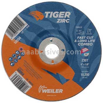 Weiler 58064 6 x 1/8 x 7/8 A.H. Z30T TIGER ZIRC Type 27 Cut/Grind Combo Wheel - 012382580643