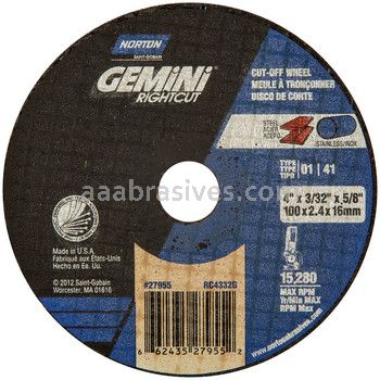 Norton 4 x 3/32 x 5/8 Gemini RightCut D Sides Reinforced Type 01 Straight Wheels