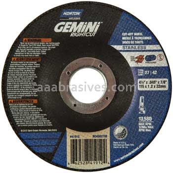 Norton Abrasives 66252841912 4-1/2 x .045 x 7/8 Norton Gemini RightCut SS Type 27 Depressed Center Wheels