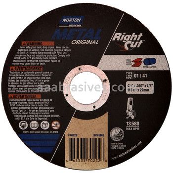 Norton Abrasives 66253370222 4-1/2 x .040 x 7/8 D Sides Reinforced Norton Metal RightCut Original Type 01 Straight Wheels