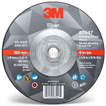 3M&trade; 7010410646 6 x 1/4 x 5/8-11 Type 27 Silver Depressed Center Grinding Wheel 87447