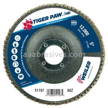 Weiler 51197 5" Tiger Paw Super High Density Flap Disc Flat Type 27 Phenolic Backing 80 Z 7/8" Arbor Hole