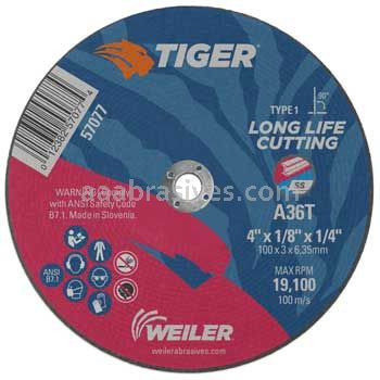Weiler 57077 4" x 1/8" TIGER AO Type 1 Cutting Wheel A36T 1/4" AH