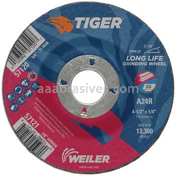 Weiler 57121 4-1/2" x 1/4" TIGER AO Type 27 Grinding Wheel A24R 7/8" AH
