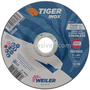 Weiler 58111 5" x .045" TIGER INOX Type 27 Cutting Wheel INOX60S 7/8" AH