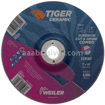 Weiler 58321 7 x 1/8 TIGER CERAMIC Type 27 Cut/Grind Combo Wheel CER30T 7/8 AH