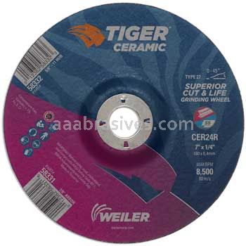 Weiler 58331 7" x 1/4" TIGER CERAMIC Type 27 Grinding Wheel CER24R 7/8 AH