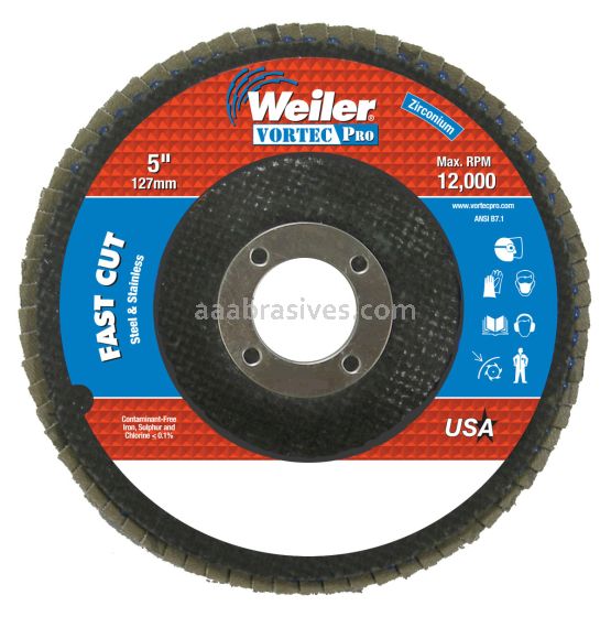 Weiler 31359 - 5" , 120Z, 7/8" A.H., Vortec Pro Abrasive Flap Disc, Angled, Phenolic Backing - 012382313593