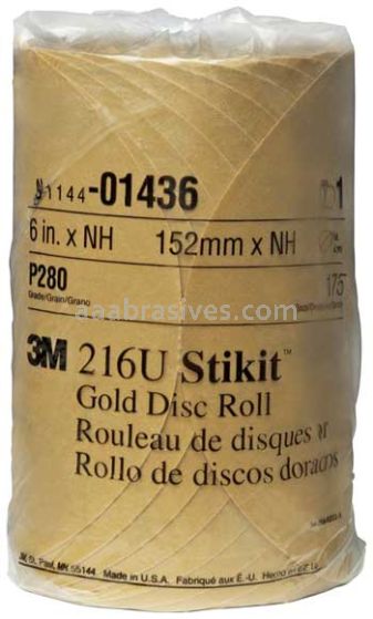 3M&trade; 7000119703 6” P280 Grit Stikit&trade; Gold Disc Roll