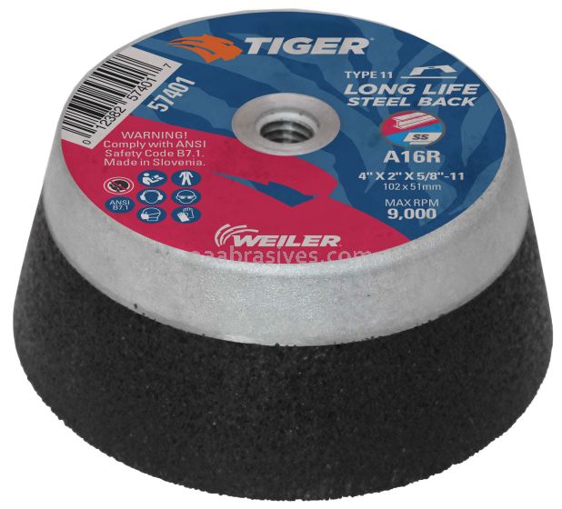 Weiler 57401 4" x 2" TIGER AO Type 11 Cup Rock with Steel Back, A16R, 5/8"-11 Nut 6804 22 1000