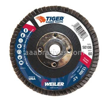 Weiler 50106V 4-1/2" Tiger Ceramic Abrasive Flap Disc Angled Type 29 Phenolic Back 60c 5/8"-11 UNC Nut Vending