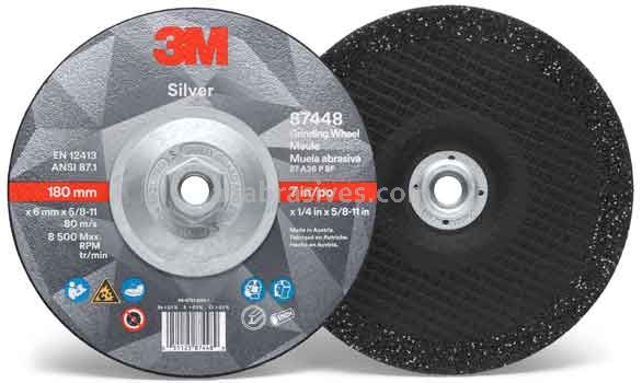 3M&trade; 7010412150 7 x 1/4 x 5/8-11 Type 27 Silver Depressed Center Grinding Wheel 87448