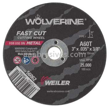 Weiler 56062 3" x .035" Wolverine Type 1 Cut-Off Wheel A60T 3/8" AH