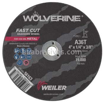 Weiler 56163 4" x 1/4" WOLVERINE Type 1 Snagging Wheel A36T 3/8" AH