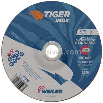 Weiler 58107 7" x .060" TIGER INOX Type 27 Cutting Wheel INOX60S 7/8" AH