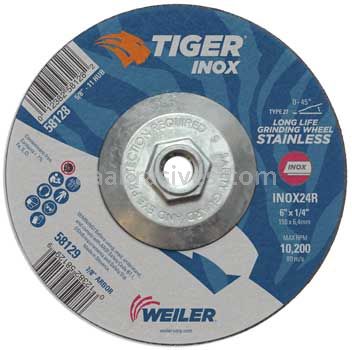 Weiler 58128 6" x 1/4" TIGER INOX Type 27 Grinding Wheel INOX24R 5/8"-11 Nut