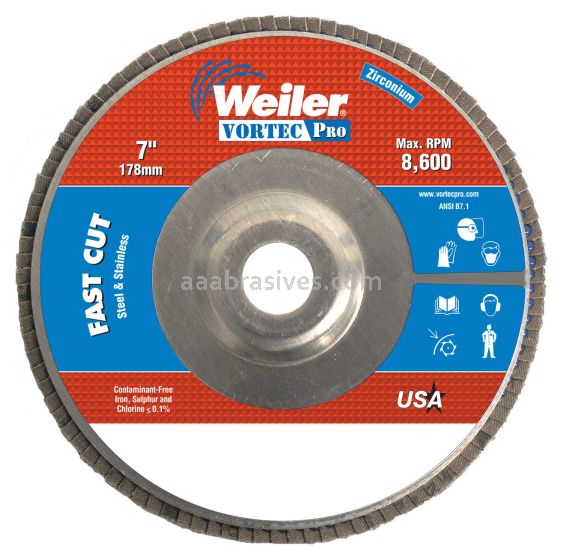 Weiler 31324 - 7" , 24Z, 7/8" A.H., Vortec Pro Abrasive Flap Disc, Angled, Aluminum Backing - 012382313241
