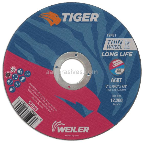 Weiler 57021 5" x .045" TIGER AO Type 1 Cutting Wheel A60T 7/8" A.H. 6804 22 1000