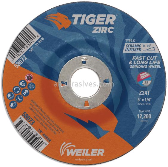 Weiler 58073 5" x 1/4" TIGER ZIRC Type 27 Grinding Wheel Z24T 7/8" A.H. 6804 22 1000