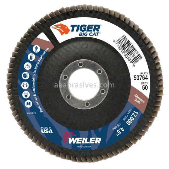 Weiler 50764 - 4-1/2" 60AO, 7/8" A.H., Big Cat Abrasive Flap Disc, Phenolic Backing - 012382507640