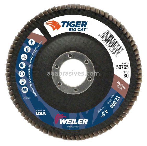 Weiler 50765 - 4-1/2" 80AO, 7/8" A.H., Big Cat Abrasive Flap Disc, Phenolic Backing - 012382507657