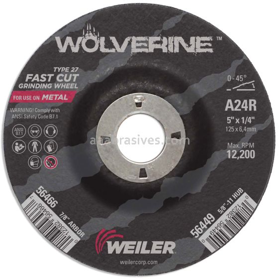 Weiler 56466 - 5" x 1/4" A24R 7/8" A.H. Type 27 Grinding Wheel - 012382564667