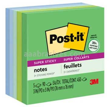 Post-it™ Super Sticky Recycled Notes 654-5SST 3 in x 3 in Bora Bora Collection 3M 7100049330