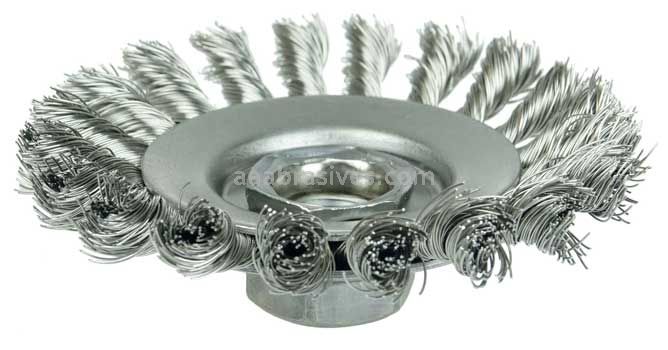 Weiler 13436 Knot Wire Bevel Brush 4" .020" Stainless Steel Fill 5/8"-11 UNC Nut