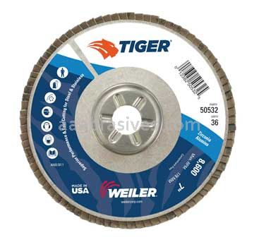 Weiler 50532 7" Tiger Disc Abrasive Flap Disc Conical Type 29 Aluminum Backing 36 Z 7/8" Arbor Hole