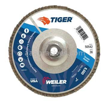 Weiler 50542 7" Tiger Disc Abrasive Flap Disc Conical Type 29 Aluminum Backing 36 Z 5/8"-11 UNC Nut