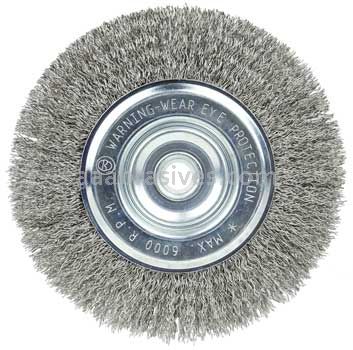 Weiler 36201 Wolverine 6" Crimped Wire Wheel .014" Stainless Steel Fill Narrow Face 5/8"-1/2" Arbor Hole