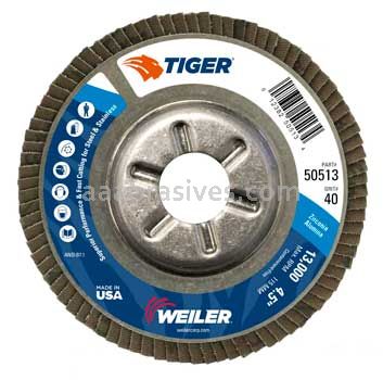Weiler 50513 4-1/2" Tiger Disc Abrasive Flap Disc Conical Type 29 Aluminum Backing 40 Z 7/8" Arbor Hole