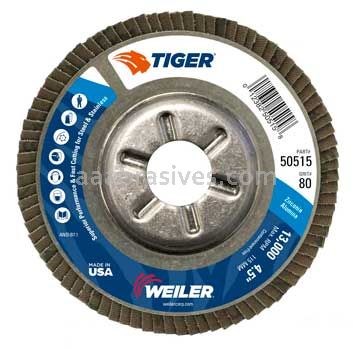 Weiler 50515 4-1/2" Tiger Disc Abrasive Flap Disc Conical Type 29 Aluminum Backing 80 Z 7/8" Arbor Hole