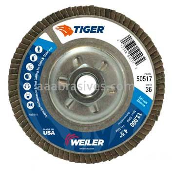 Weiler 50517 4-1/2" Tiger Disc Abrasive Flap Disc Conical Type 29 Aluminum Backing 36 Z 5/8"-11 UNC Nut
