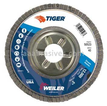 Weiler 50523 5" Tiger Disc Abrasive Flap Disc Conical Type 29 Aluminum Backing 40 Z 7/8" Arbor Hole