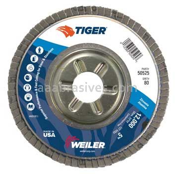 Weiler 50525 5" Tiger Disc Abrasive Flap Disc Conical Type 29 Aluminum Backing 80 Z 7/8" Arbor Hole