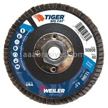 Weiler 50808V 4-1/2" Big Cat Abrasive Flap Disc Flat Type 27 Phenolic Backing 40 Z 5/8"-11 UNC Nut Vending Ready
